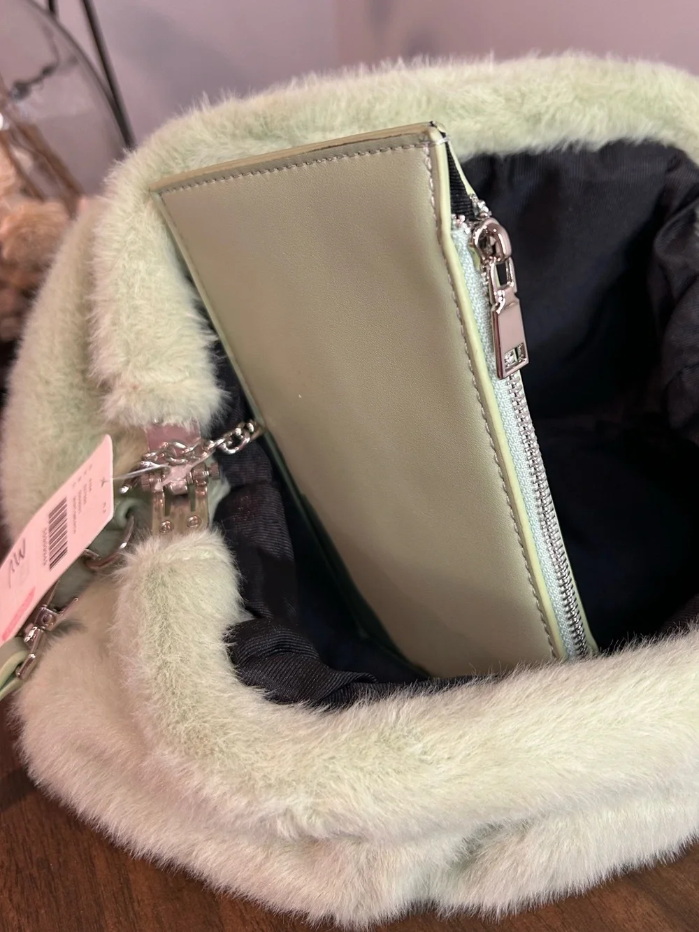 Anthropologie NWT Sage Green Faux Fur Shoulder Crossbody Bag with Pouch